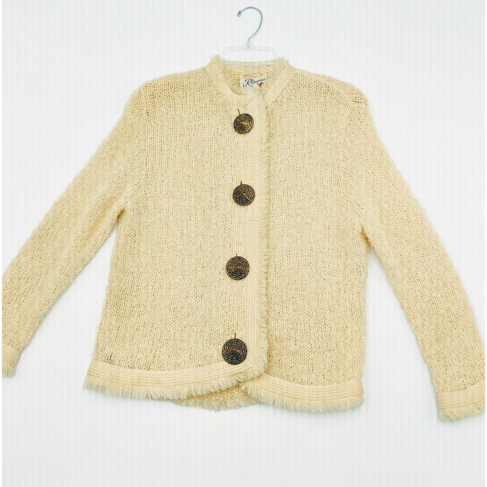 Vintage Rosanna Women's Cardigan Sweater Cream Goldtone Buttons Small/Med